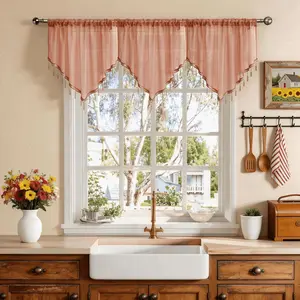 Brown Beaded Sheer Valance Curtains for Kitchen, Rod Pocket Boho  Beads Tassel Lace Swag Curtains Farmhouse Sheer Window Valance for Living Room Bedroom Bathroom, W51 x L24,1PC