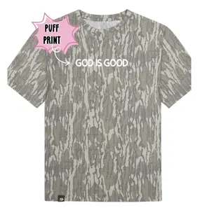 GOD IS GOOD Camo Puff Print Christian Tshirt