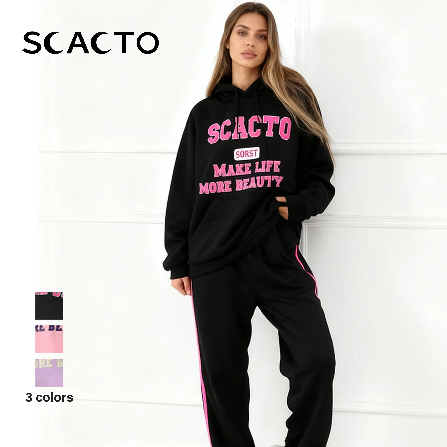 Scacto Women's 2-Piece Cotton Tracksuits - Oversized Acid Wash Fleece Hoodie with Kangaroo Pocket, Drawstring Long-Sleeve Pullover, Slogan Design, Loose Jogger Sets for Fit, Spring, Autumn, Women's Clothes, Clothes