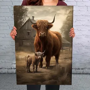 1pc Wooden Framed Canvas Painting Highland Cow And Pasture Wall Art Prints For Home Decoration, Living Room & Bedroom, Festival Party Decor, Gifts, Ready To Hang Ornaments Artistic