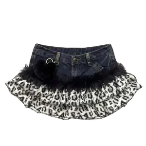 Y2K Gothic Grunge Denim Skirts Women Subculture Retro Punk Print Mini Skirt Vintage Streetwear Fashion Faux Fur Patchwork Skirt