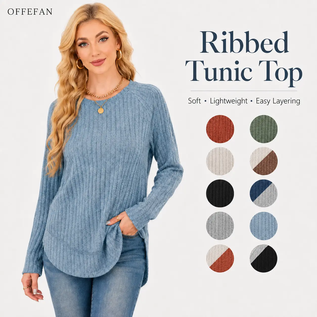OFEEFAN Long Sleeve Shirts for Women 2026 Fall Sweaters Lightweight Casual Tunic Tops Loose Fit Winter Clothing S-2XL