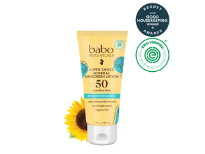 Babo Botanicals Super Shield Mineral Sunscreen Lotion SPF 50 – For Sensitive Skin – Water Resistant (80 Minutes) – Dermatologist Tested – Fragrance Free – EWG Verified – 3 fl oz (89 ml)