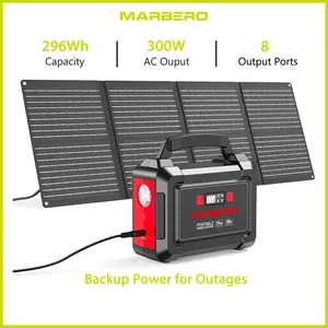 MARBERO 296Wh Solar Generator with 60W Solar Panel Portable Power Station with 2 x 300W Pure Sine Wave AC Outlets (330W Surge) 8 Output Ports Built-in Flashlight for Camping Blackout Outdoor Emergency