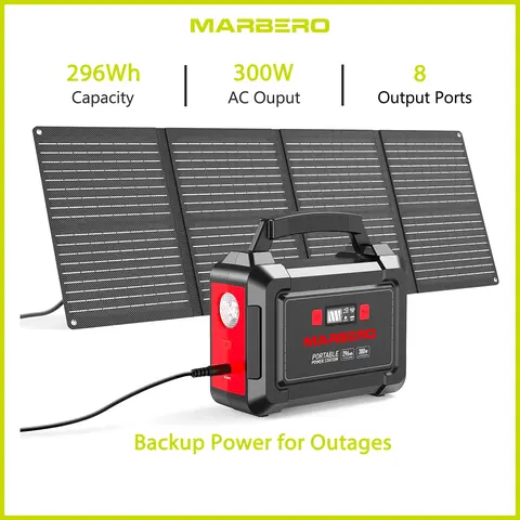 MARBERO 296Wh Portable Solar Generator (200W+) with 60W Panel, 2x300W Pure Sine Wave AC Outlets (330W Surge), 8 Output Ports, Built-in Flashlight for Camping, Outages, Portable Inverter Power Supplies, Solar Energy Storage, Outdoor Battery Packs