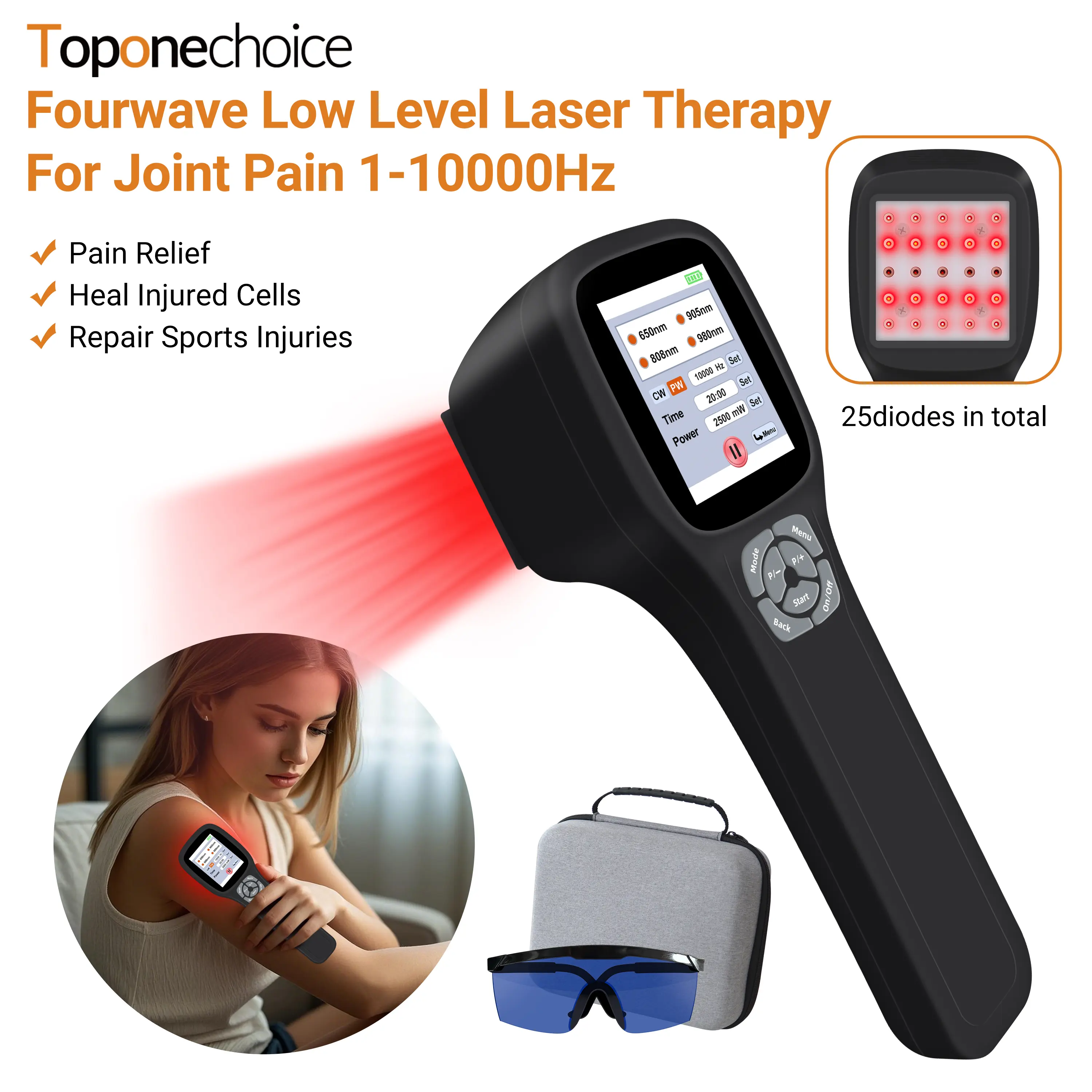 TOPONECHOICE Cold Laser Therapy Device, 2500mW LLLT Red Light Treatment for Pain Relief & Wound Healing, Handheld Therapeutic Machine with 4 Wavelengths (650/808/905/980nm) for Humans & Pets, Wellness, Healthcare, Solution, Back Pain Relief, Touch Screen,