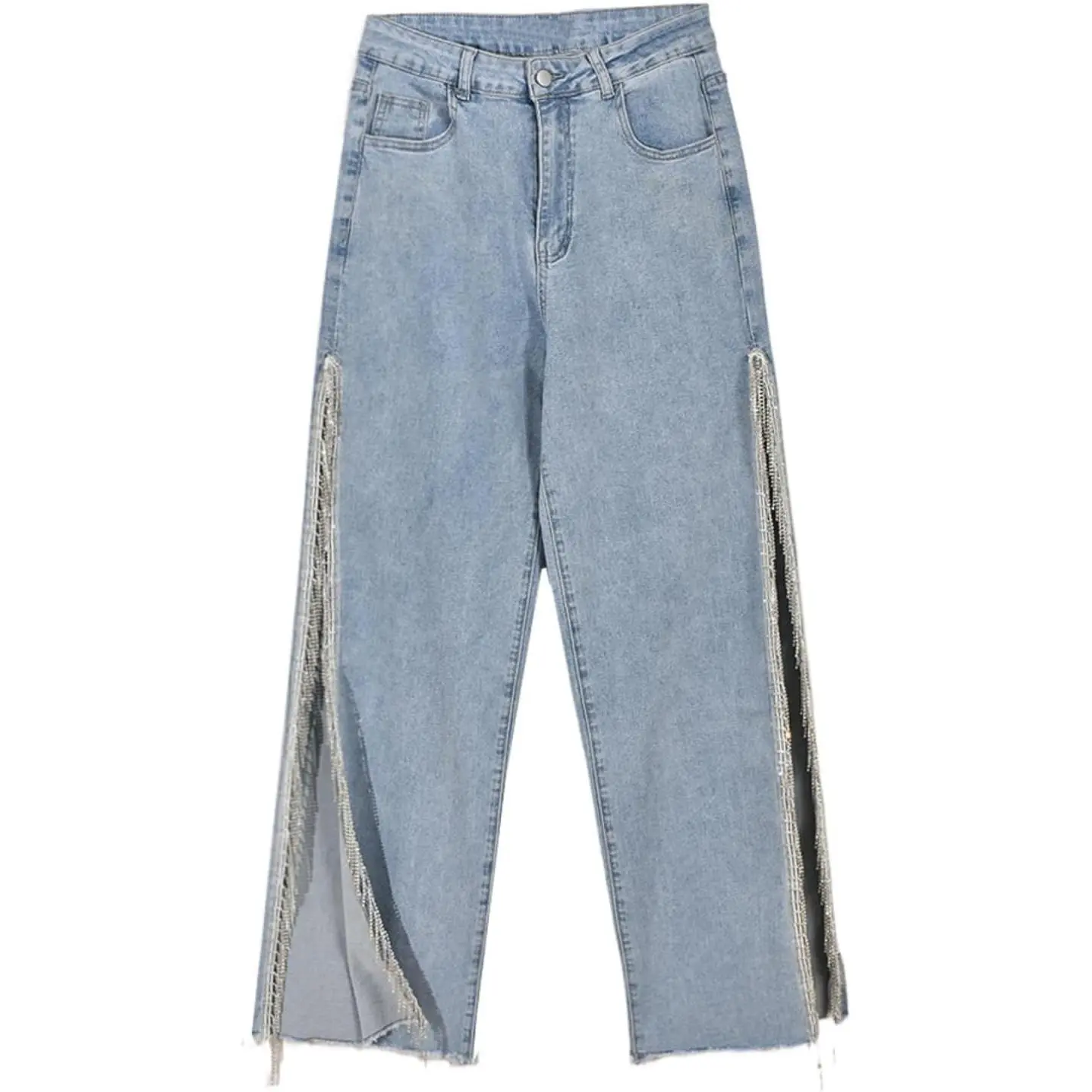 Women's High-waisted Denim Pants, Straight Wide-leg Silhouette For Slimming Effect, Non-stretch Material, Featuring Chain Tassel Embellishments, Side Split Detail, Frayed Hem, Trendy & Versatile, Ideal For Casual Daily Wear And Street Style. Jean