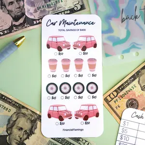 Car Maintenance Savings Challenge - Reusable Laminated Tracker - A6 Size Glossy Finish - FinancialFlamingo.com
