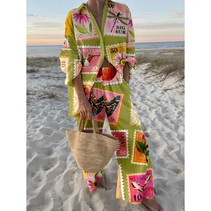 Plus Size, 2026 Fashionable and Comfortable Resort-Style Multi-Pattern Digital Print Long-Sleeve Shirt and Pants Set for Women's Casual Wear