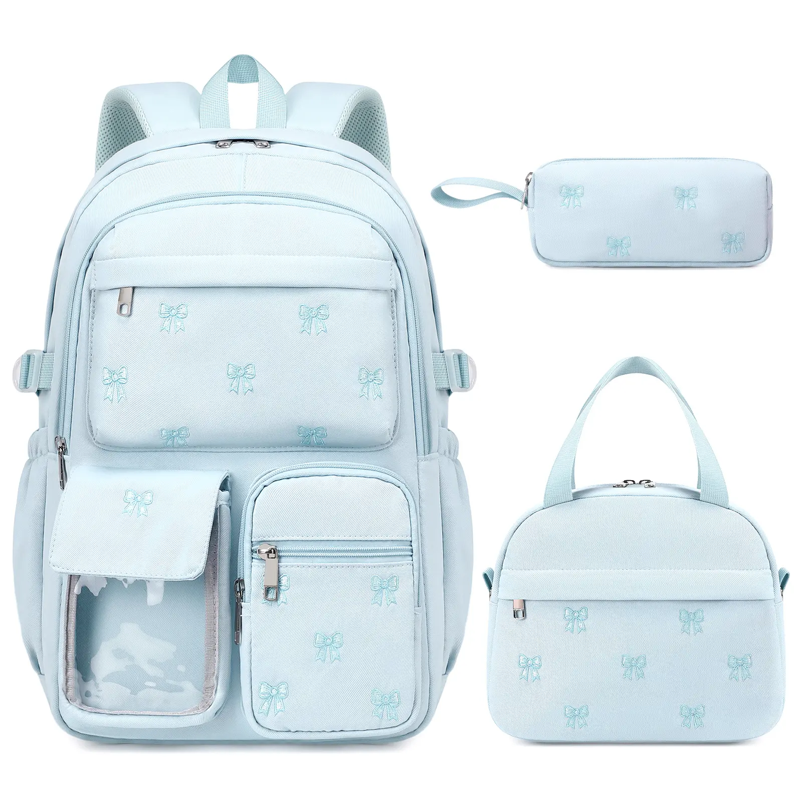 SIMILOVE Girls Backpack - 3PCS Embroidered Backpack Set for Girls with Lunch Bag and Pencil Case, Cute School Bookbag for Elementary Middle High School Students, Back to School Supplies