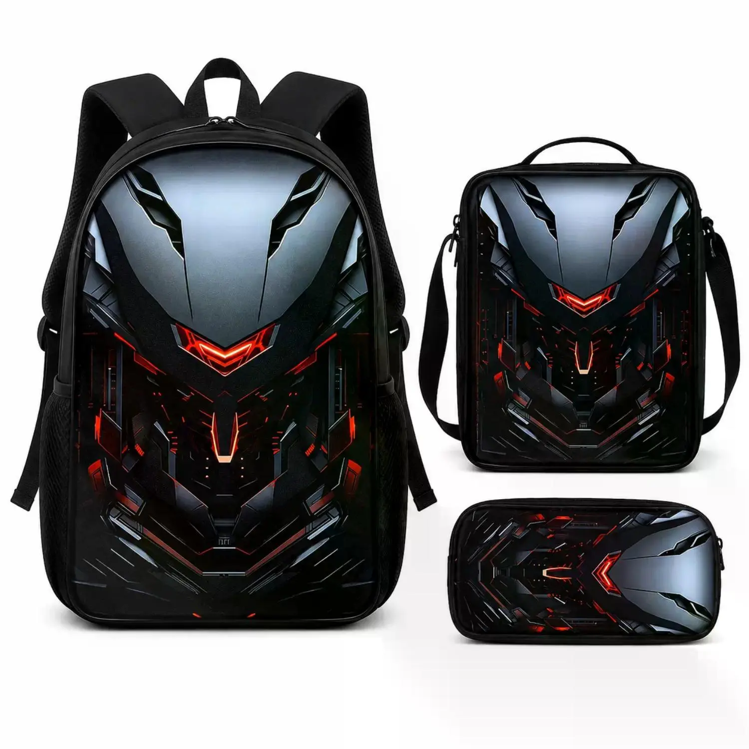 Future Mecha-Inspired Backpack, Shoulder Bag & Storage Pouch Set – Black, Gray & Silver with Fiery Glowing Orange-Red Accents – Perfect for Daily Commutes, School & Short Trips, Ideal for Teens & Young Adults
