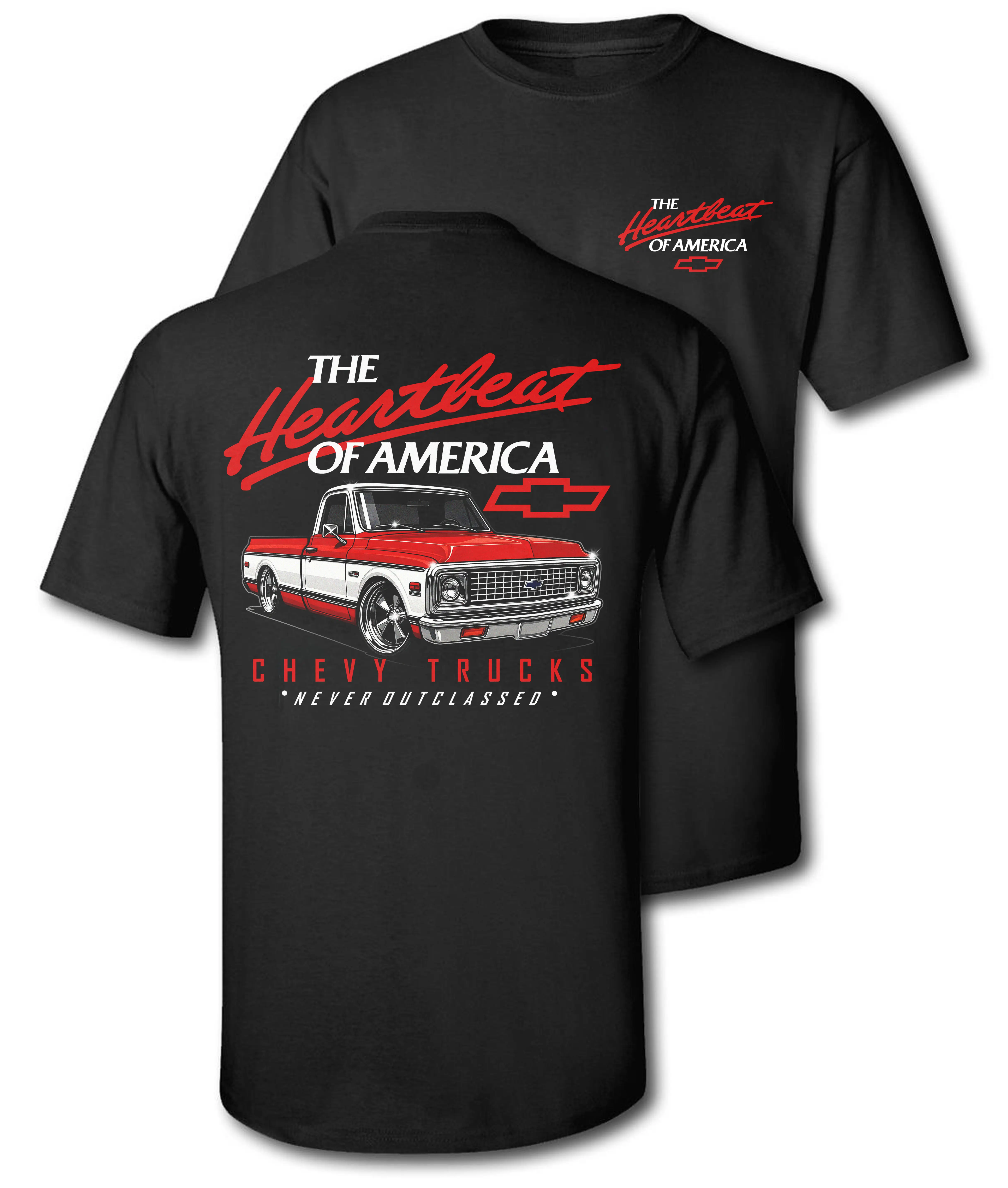 Old School Legend Tee Red Chevy 'Never Outclassed' Heather Rust Short Sleeve Crewneck Casual Graphic Top for Fans Menswear Polyester Streetwear Biker