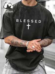 Men’s Retro Washed T-Shirt, “BLESSED” Vintage Christian Graphic Tee, Casual Streetwear Top, Inspirational Fashion Trend