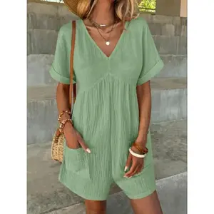 Women's Solid Color V Neck Wide Leg Romper, Casual Comfy Short Sleeve Romper for Spring & Fall, Women's Clothes for Daily Wear