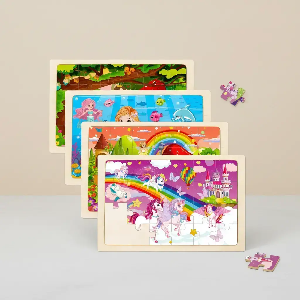 Wooden Puzzle Set for Kids Aged 3-6 Years Old, Animal Shape Puzzle, Unicorn Princess Mermaid Fairy Design, Educational Toy for Girls, Creative Puzzle, Wood Puzzles, 4 Pack Preschool Learning Game