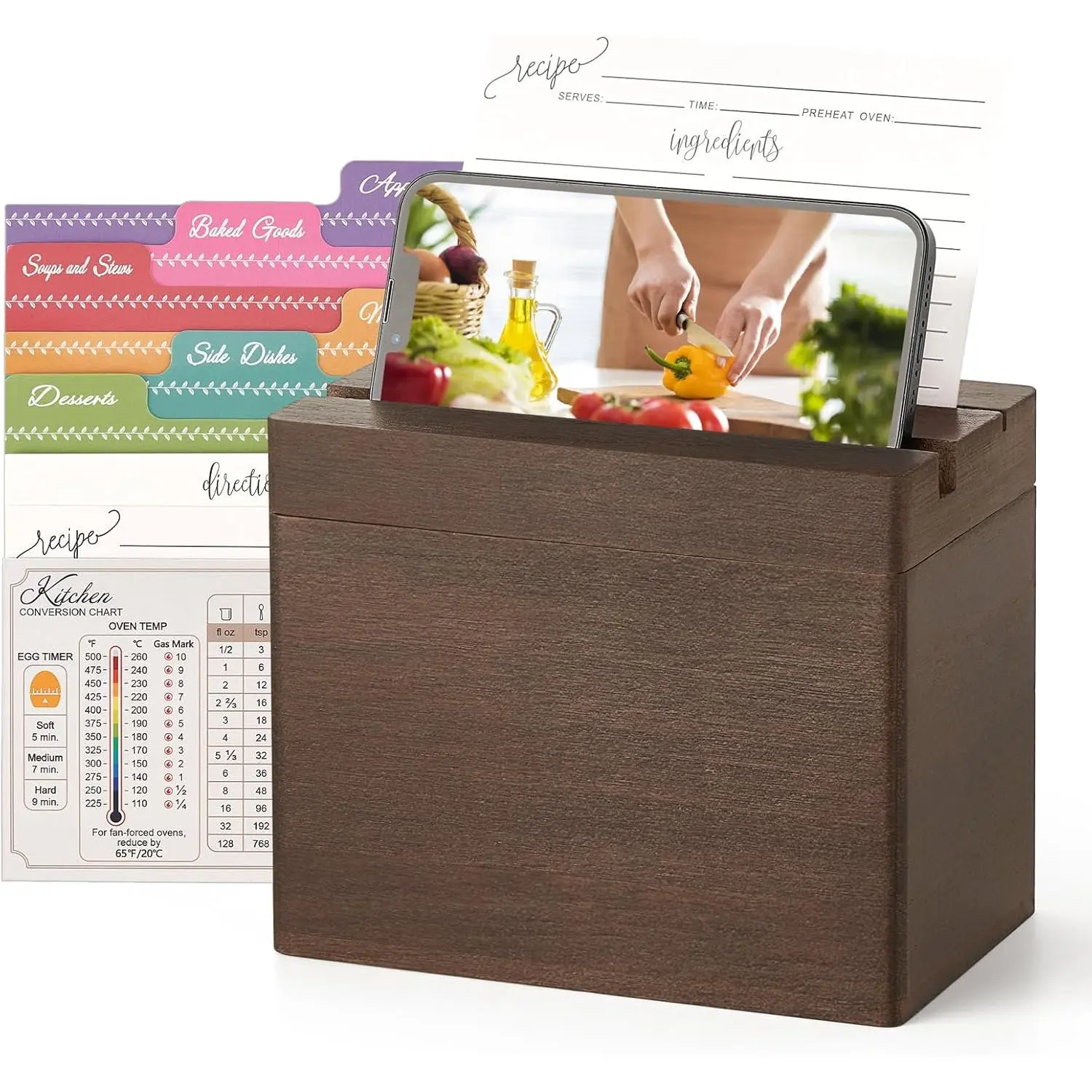 Double Slots Recipe Box Wooden Recipe Organizer with 100 Recipe Cards and 6 Dividers, Rustic Recipe Cards and Box Set with Phone Holder to Write in Your Own Recipes for Cooking Lovers Kitchen