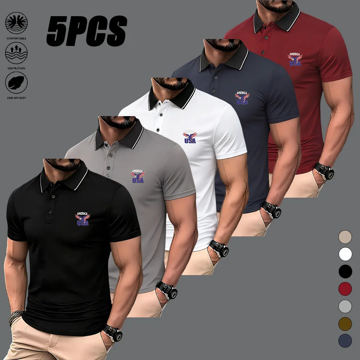 Men's Collared Shirts, 5 Pack of Short-Sleeve Printed Tops - Stylish Menswear for Travel & Everyday Wear, Button