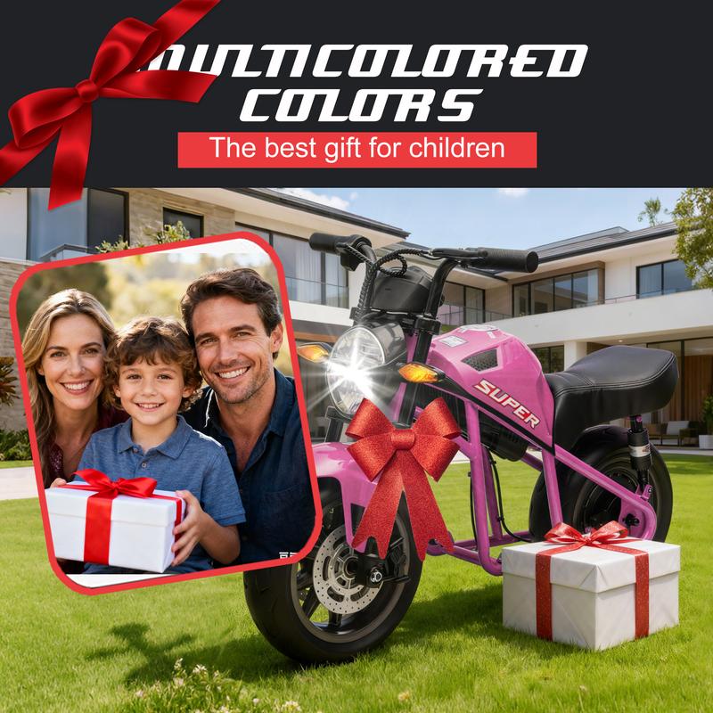 Treaded Fun Nook,24V XL Electric Ride-On Motorcycle for Kids 6+, Electric Mini Kids Dirt Bike, 300W High-Speed Motor, Dual Suspension, 14in EVA Wheels, Twist Throttle, Music & Lights