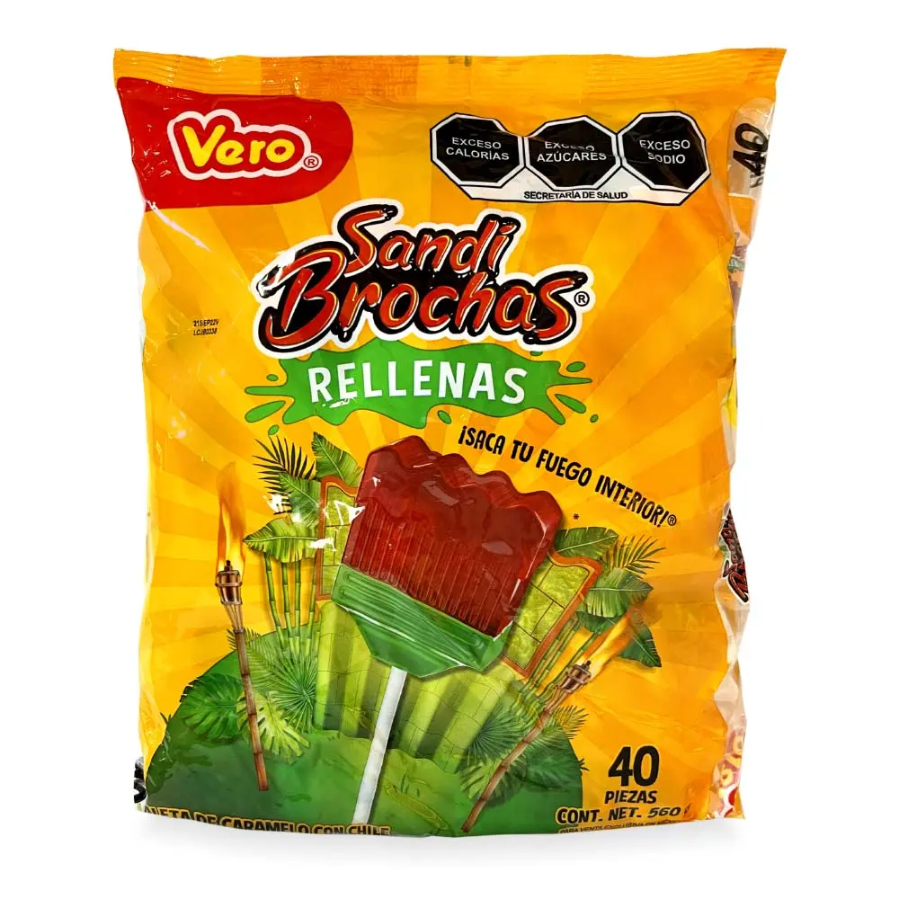 Vero Sandi Brochas Rellenas Lollipops Watermelon Flavored Mexican Candy with Chili Filling 40 Count