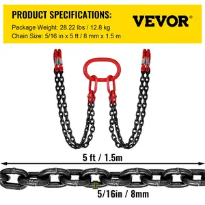 VEVOR Chain Sling, 5/16 inchx 5 ft Lifting Chains with Hooks, G80 Engine Chain Hoist Lifts, 11000 lbs/5 Ton Capacity Lifting Sling Chains for Engine Hoist, Engine Lift Chain with 4 Leg Grab Hooks