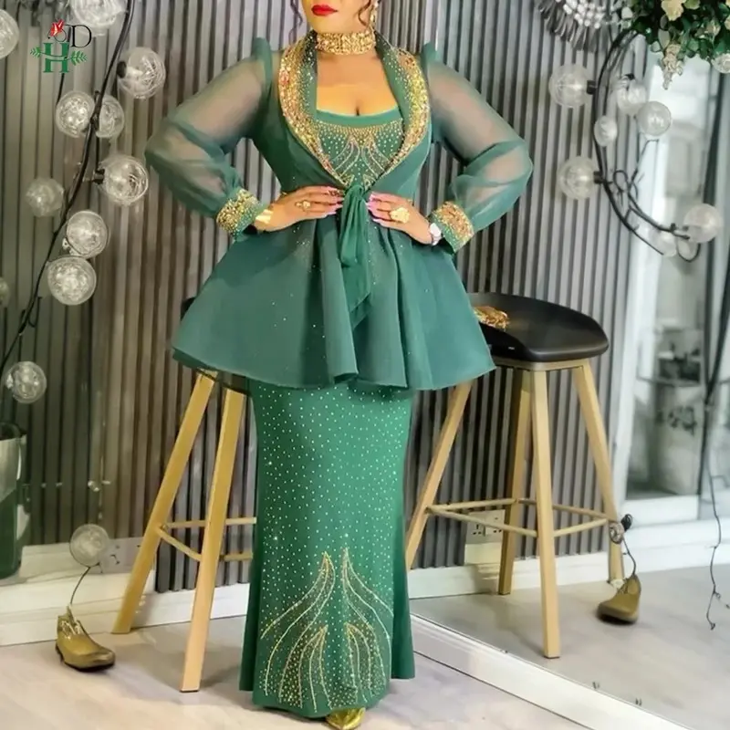 Women's Plus Size African Dashiki 2-Piece Maxi Dress Set - Diamond-Embellished Sleeveless Gown with Robe, Cotton Spandex, Luxury Look, for Wedding Evening Bachelorette Party Formal Events