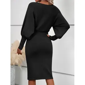 Fashionable Autumn and Winter Solid Color Lantern Sleeve Waisted Sweater Dress