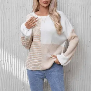 Oatmeal Mixed Pattern Knit Tie Keyhole Drop Shoulder Sweater