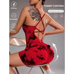 Tie Dye Romper Women's Yoga Jumpsuit - Red Sleeveless Activewear
