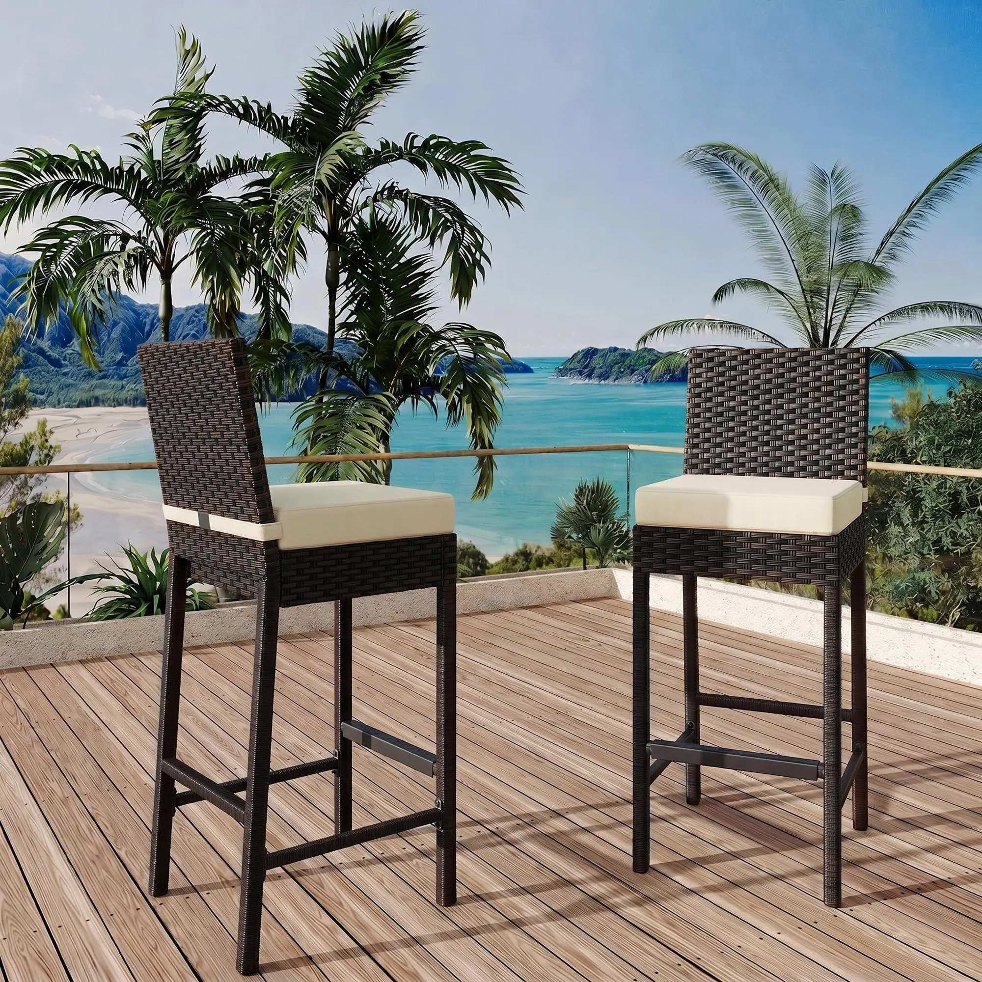 Outdoor Wicker Bar Stools Set of 2 Patio Rattan Barstools for Backyard