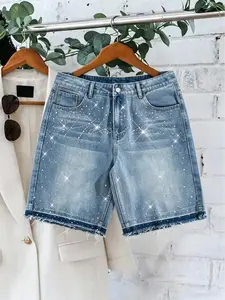 Women's Summer Rhinestone Fringe Denim Shorts, Casual Loose-Fit Mid-Waist Button Fly, Fashionable Everyday Wear, Perfect for Dates