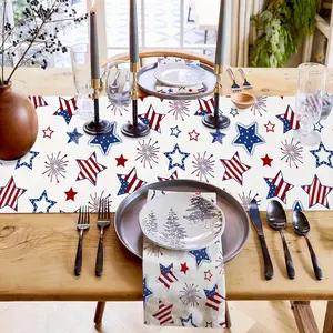 1pc Patriotic July 4th Table Runner, Blue Stars & Fireworks Linen Table Decor, Usa Flag Design for Independence Day & Memorial Day