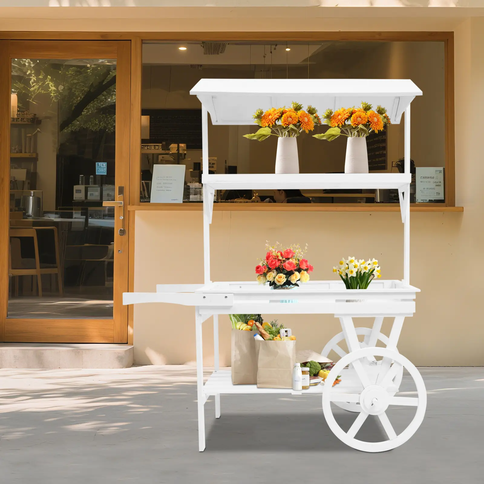 White Cedar Wood Rolling Plant Stand 4 Tier Indoor Flower Shelf Cart Freestanding Retro Display Rack 25kg Capacity for Living Room Home Decor