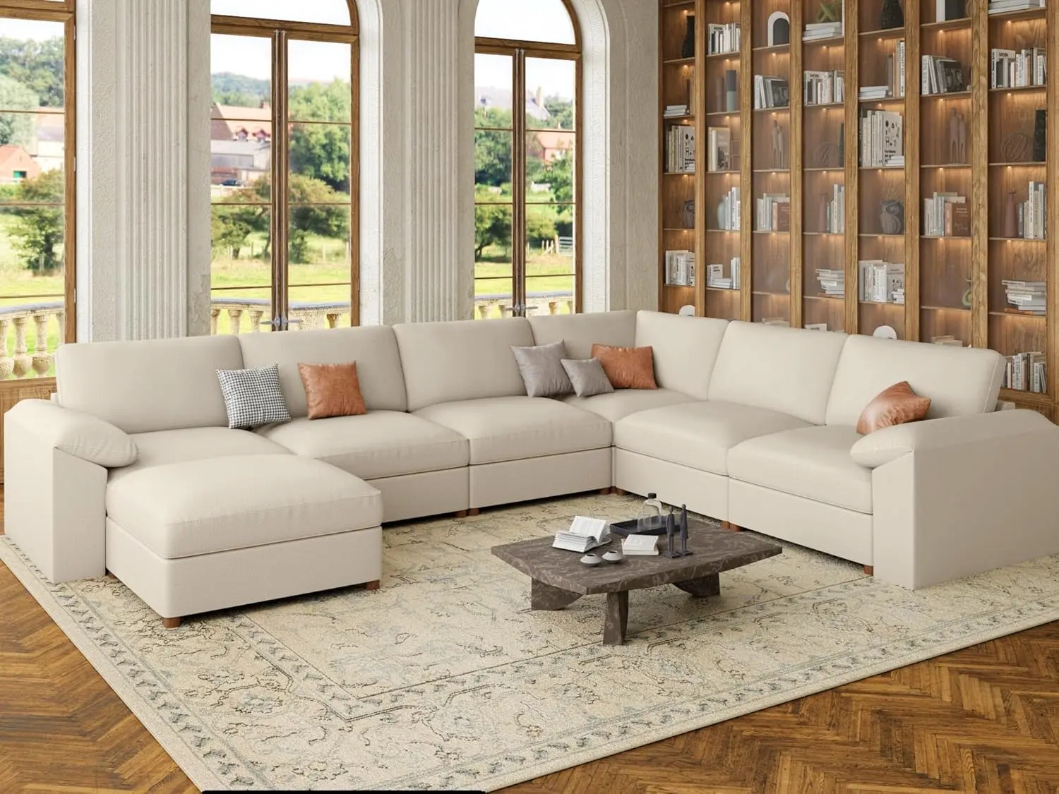 EASE MOOSE Modern Faux Leather Sectional with Ottoman Oversized Modular Couch Beige U Shaped Deep Seat Scratch Resistant Material
