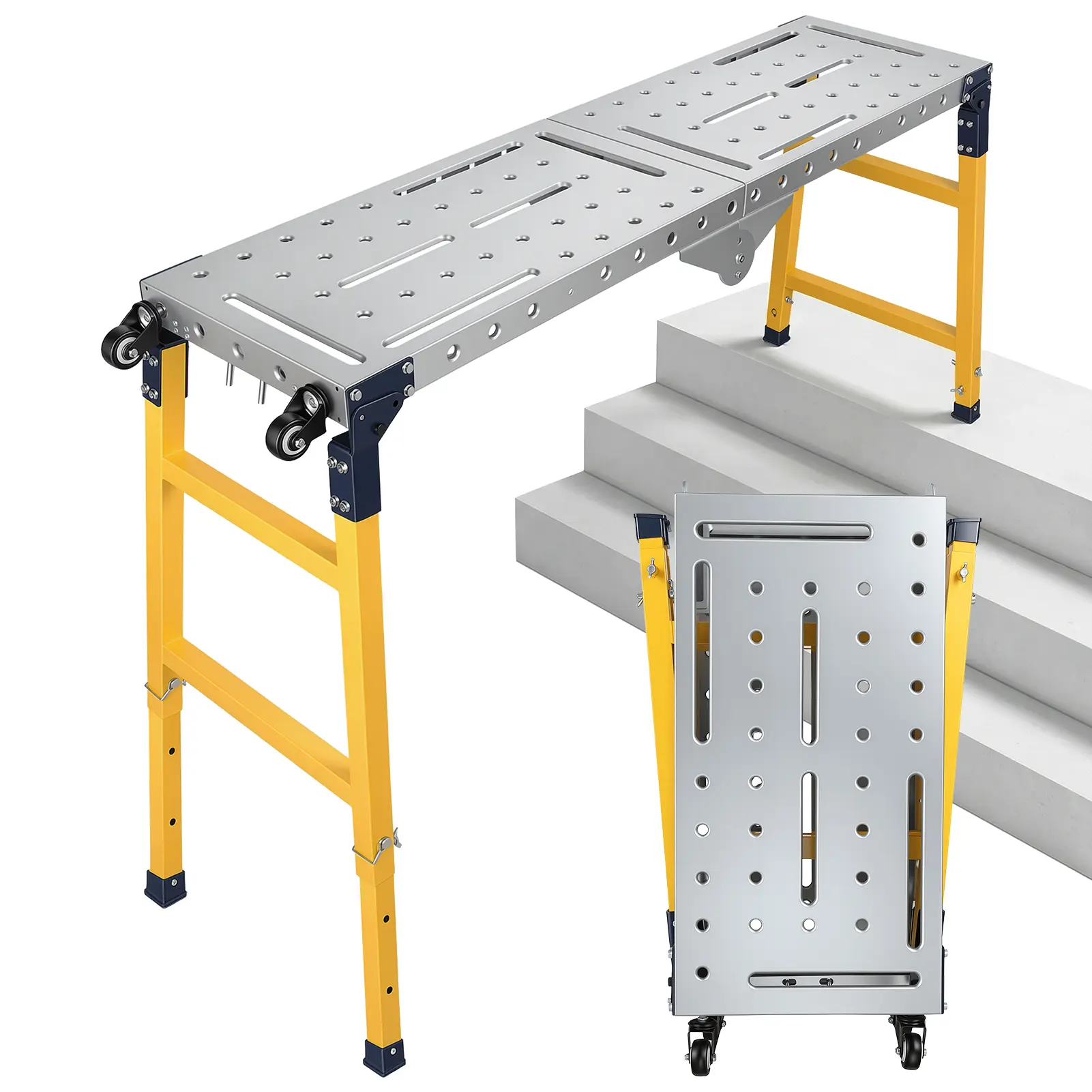 Heavy Duty Adjustable Work Platform, 1100 lbs Capacity, Zinc Plated Steel with Wheels & Anti-Slip Surface, 4/5 Height Settings (60-110cm), Foldable Welding Table for Garage Warehouse Tool Storage Stand Tool Storage Rack