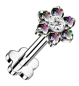 Black Aurora CZ Flower Titanium Threadless Labret