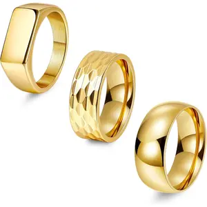 3Pcs Stainless Steel Rings for Men 8MM Hammered Wedding Ring Set Square Signet Rings Pinky Silver Ring Simple Mens Band Rings Gold/Black/Silver Size 7-13