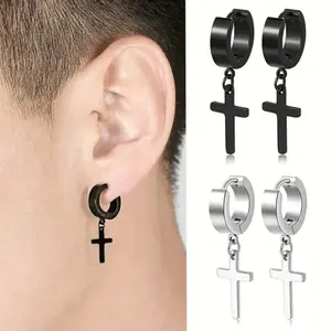 Fashion Cross Drop Earrings for Men, Stainless Steel, Suitable for Daily Wear, Wedding, Valentine's Day Gift, Thanksgiving