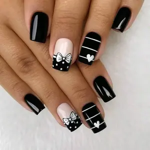 Set of 24 Short Square False Nails, Nail Kit Set, Classic Style, Fashionable Design, Includes Jelly Glue and File, Perfect for Valentine's Day