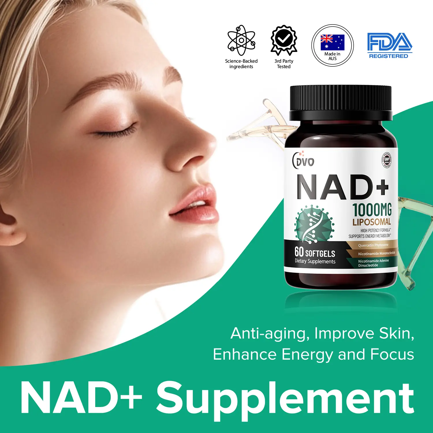 NAD+ Supplement for Women's Skin Aging, Energy and Focus, NAD+ Supplement 1000 mg - Nicotinamide Mononucleotide, 60 Capsules-B