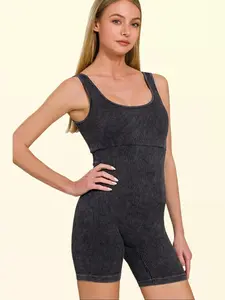 Zenana Washed Ribbed Romper with Pad Spandex Womenswear Casual Chic Comfortable Jumpsuits Fit Suits Vibe Women Comfort