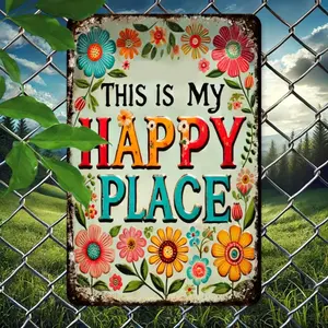 8x12 Inch Happy Place Letter Pattern Metal Sign, Rustic Floral Metal Welcome Sign, Outdoor Garden Decor, Home Decor, Garden Decor, Vintage Metal Sign, Home Decoration
