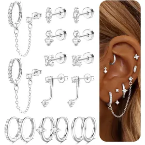 Hypoallergenic Flatback Stud Hoop 14K Gold Plated Earrings Stacks - Surgical Stainless Steel Earring Set Chain Cartilage Earrings - Small Ear Piercing Flat Back Earring for Women Trendy