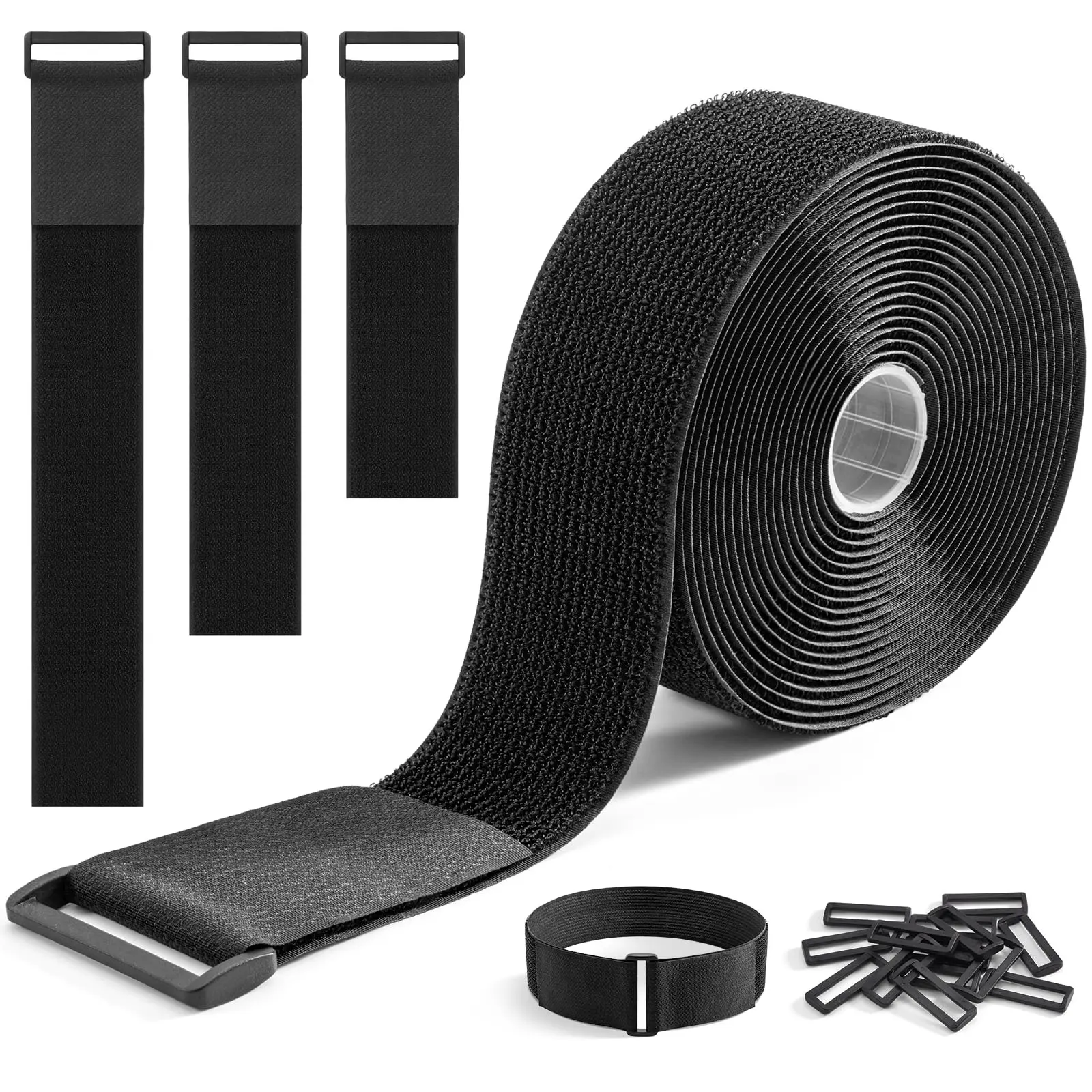 Heavy Duty Hook and Loop Tape Roll (2 in x 16 ft) with 15 Buckles - Adjustable, Cut-to-Length Reusable Fastening Straps for Cables, Hoses, Home Organization