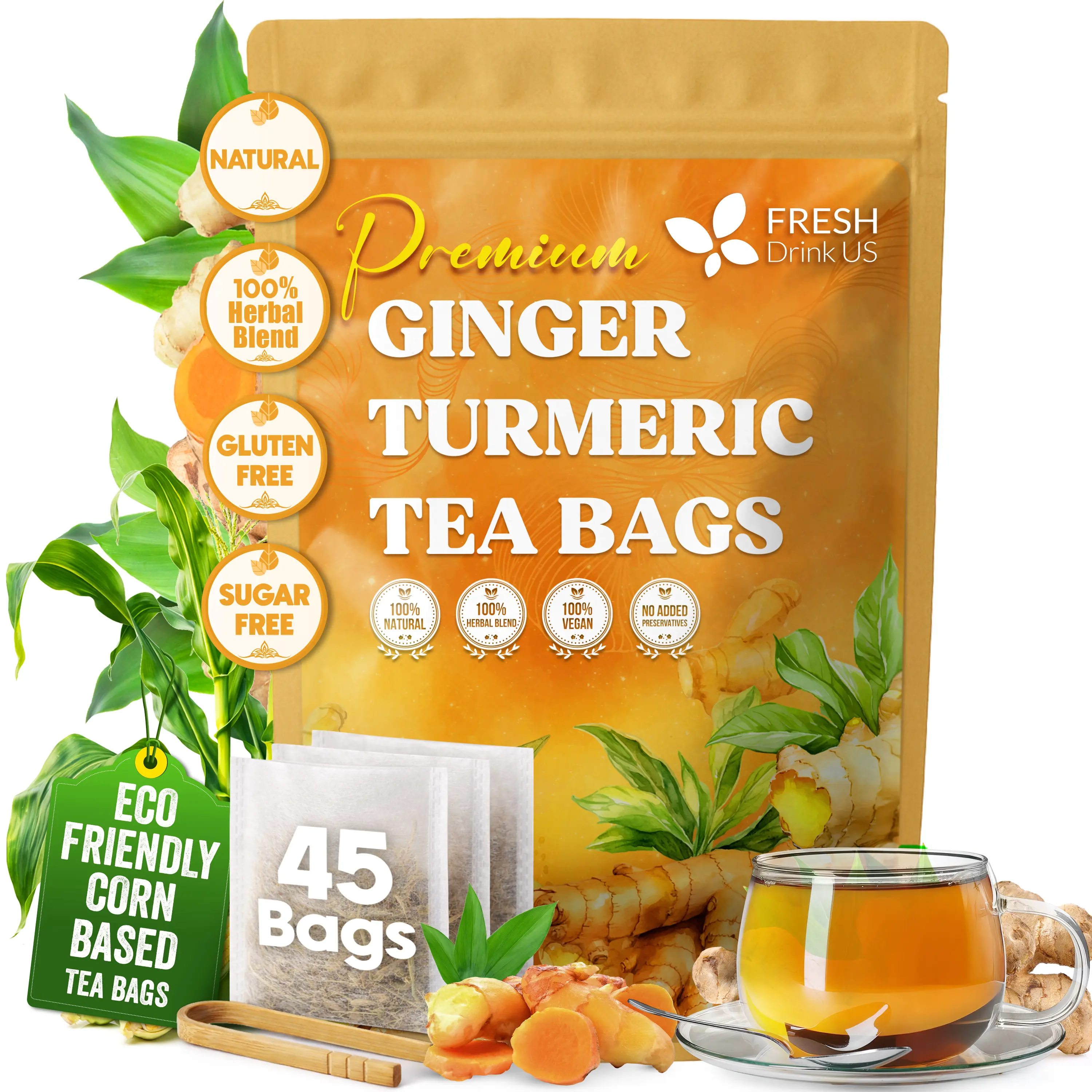 【FreshDrinkUS】 45 Turmeric Ginger Tea Bags, Anti-Inflammatea, 100% Natural Ingredients, Hand-made Blend of Turmeric and Ginger, Eco-conscious Tea Bags. Turmeric Ginger Herbal Tea. No Sugar, No Caffeine, No Gluten, Vegan. tea blends