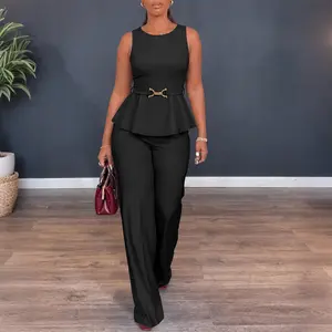 CHICME Women's 2 Piece Outfits Sleeveless Peplum Top and Wide Leg Pants Set Elegant Gold Belt Business Work Suits