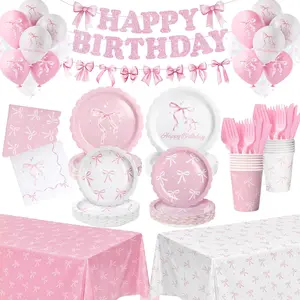 322 count  Bow Birthday Decorations (Serves 50), Plates And Napkins Cups Knifes Forks Banner Tablecloth Balloons Bow Theme Tableware for Girls Bachelorette Party Decor