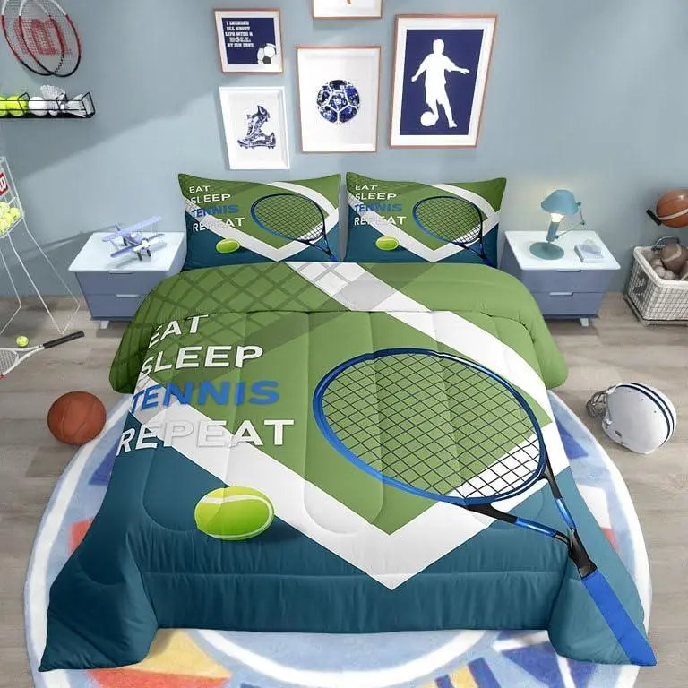 Sports Tennis Bedding Set,Modern Fashion Ball Game Comforter for Child Teens Tennis Racket Print Down Comforter Sport Competition Duvet Insert