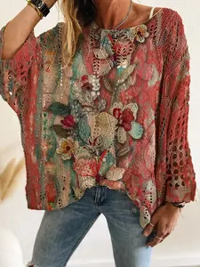 Women's Floral Print Long Sleeve Knit Top, Casual Elegance Chic for Spring Summer, Vacation Style, Loose Fit Batwing Shoulder Design