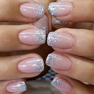 24pcs Short Square Press-On Nails, Removable False Nails, French Style Gradient Glitter, Ballerina Shape, Includes Jelly Glue & File, Reusable Nail Art Set