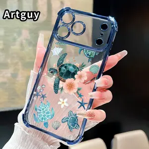 Compatible with iPhone 17 Pro Max 16 15 Plus Air 14 13 12 11 E Case Sea - turtle Fantasy Pattern Four Corner Drop Resistant Electroplated Transparent TPU Soft Trendy Cover